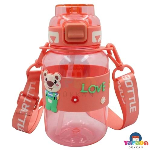 Noki Kids T-0118 800 ml PETG Kilitli Pipetli Ayıcık Silikon Kemerli Askılı Su Matarası