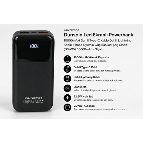 Coverzone Dunspin Led Ekranlı Powerbank 10000mAH Dahili Type-C Kablo Dahili Lightning Kablo iPhone Uyumlu Güç Bankası Şarj Cihazı (DS-W09 10000mAh - Siyah)