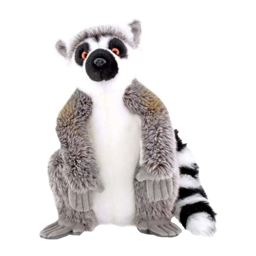 Oturan Lemur Peluş Oyuncak 28 Cm – Siyah Beyaz Halkalı Kuyruklu, Gerçekçi Detaylı Yumuşak Figür