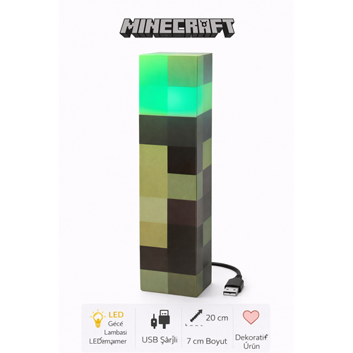 Minecraft Creeper LED Gece Lambası – USB Kablolu Piksel Tasarım Masa Lambası | Bent-11