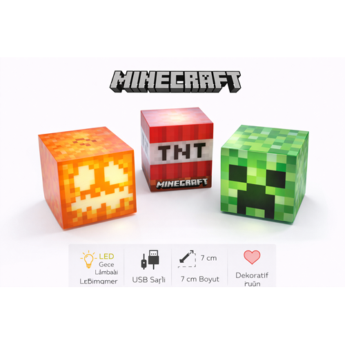 Minecraft LED Gece Lambası Seti – TNT, Creeper ve Jack O’Lantern Tasarım | USB Şarjlı Dekoratif Lamba | Bent-70