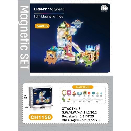 CH1158 Işıklı Manyetik Bloklar Dinozor Dünyası Seti 64 Parça (7,5 cm)