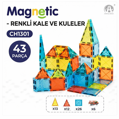 CH1301 Manyetik Bloklar Renkli Kale ve Kuleler 43 Parça Set (5,5 cm)