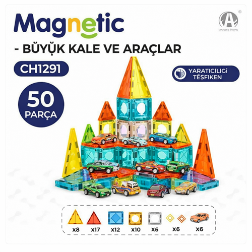 CH1291 Manyetik Bloklar Büyük Kale ve Araçlar 50 Parça Set (5,5 cm)