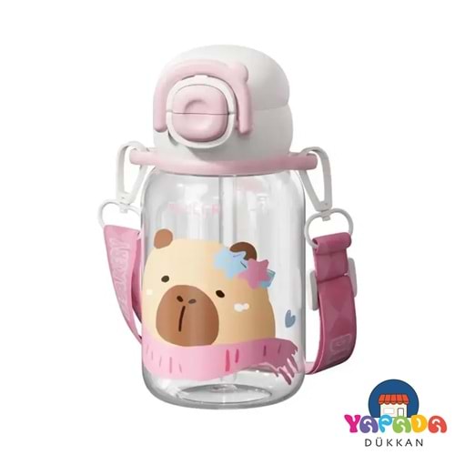 Vagonlife Diller D2582 650 ml Sevimli Hayvan Figürlü BPA İçermeyen Tritan Çift İçim Pipetli Askılı Pembe Su Matarası