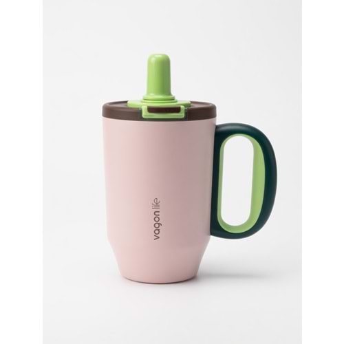 Vagonlife 680 ml Çelik Termos Kulplu Pipetli Pembe-Yeşil VGN-T680