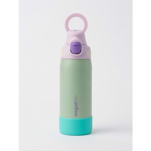 Vagonlife VGN-1102 660 ml Çelik Tek Kapak Pipetli/Pipetsiz Matara Mint Yeşil-Mor Silikon Kulplu
