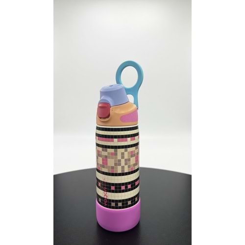 Vagonlife 660 ml Çelik Tek Kapak Pipetli Matara Piksel Desen Mor VGN-1102
