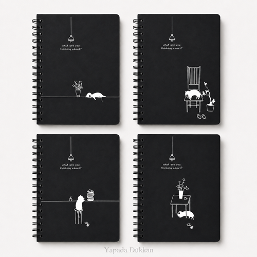 Kedi Desenli Spiralli Sert Kapak 80 Yaprak Siyah Minimal Çizimli Papirüs Defter M217