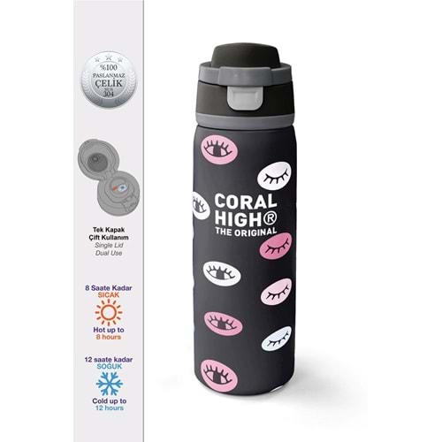 Coral High 38591 Siyah Ayıcık Desenli Pipetli ve Direkt İçim Çelik Termos 800 ml