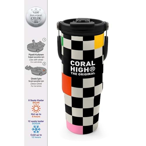 Coral High 38703 Dama Desenli Pipetli ve Direkt İçim Çelik Termos 900 ml