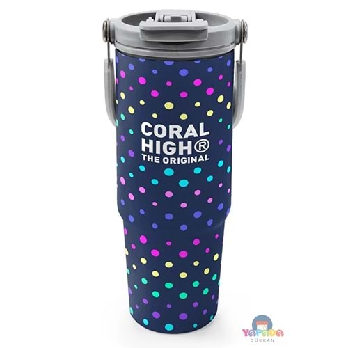 Coral High 38714 Lacivert Puantiyeli Pipetli ve Direkt İçim Çelik Termos 900 ml