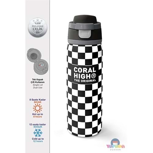 Coral High 38538 Siyah Beyaz Dama Desenli Pipetli ve Direkt İçim Çelik Termos 800 ml