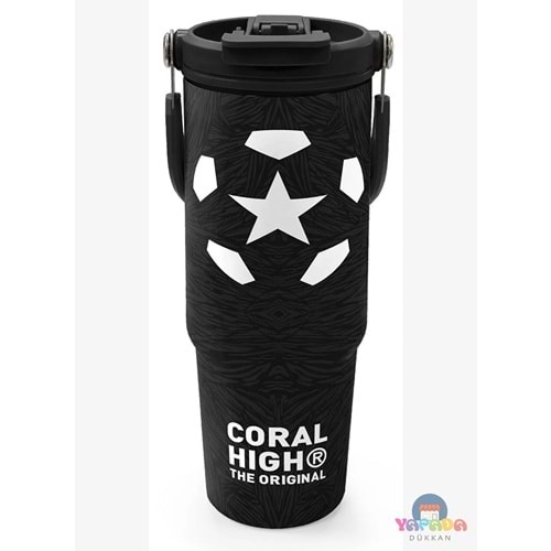 Coral High 38722 Siyah Futbol Desenli Pipetli ve Direkt İçim Çelik Termos 900 ml