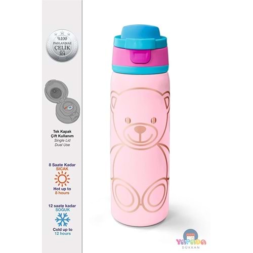 Coral High 38590 Ayıcık Desenli Pipetli ve Direkt İçim Çelik Termos 800 ml