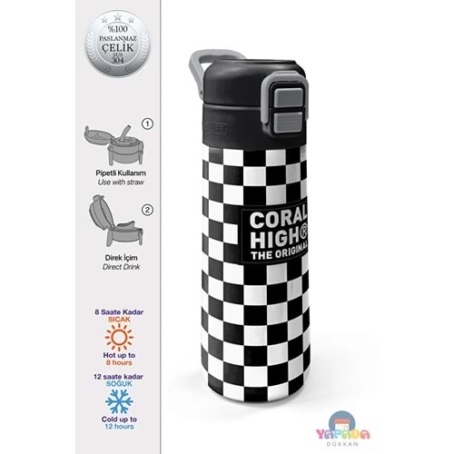 Coral High Kids 31877 Siyah Beyaz Dama Desenli Pipetli ve Direkt İçim Çelik Termos 500 ml