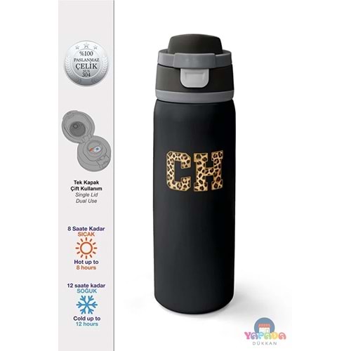 Coral High 38506 Siyah Leopar CH Harf Desenli Pipetli ve Direkt İçim Çelik Termos 800 ml