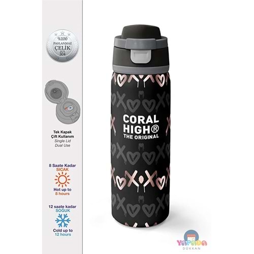 Coral High 38595 Siyah Pudra Desenli Pipetli ve Direkt İçim Çelik Termos 800 ml