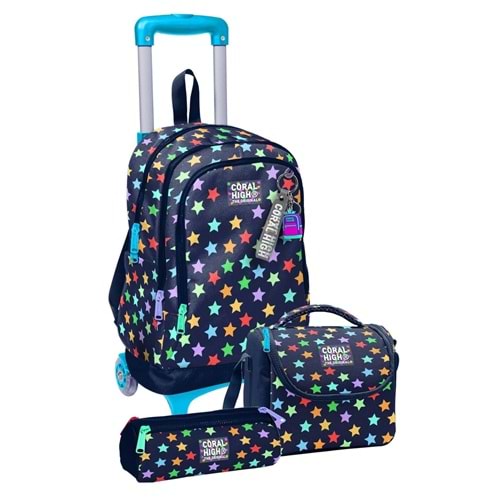 Coral High Kids 34009 Lacivert Renkli Yıldız Desenli Üç Bölmeli Işıklı Tekerlekli Çekçekli Okul Sırt Çantası 17 L
