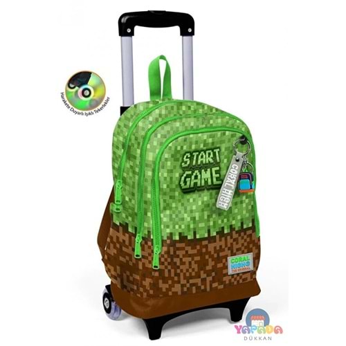 Coral High Kids 23976 Yeşil-Kahverengi High Craft Desenli Üç Bölmeli Işıklı Tekerlekli Çekçekli Okul Sırt Çantası