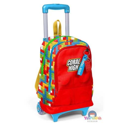 Coral High Kids 23975 Renkli Blok Desenli Üç Bölmeli Işıklı Tekerlekli Çekçekli Okul Sırt Çantası