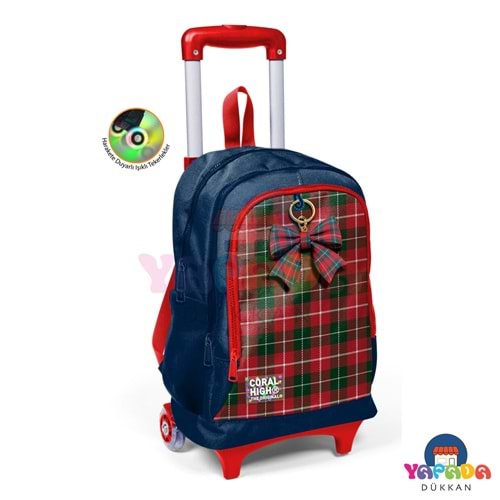 Coral High Kids 34007 Lacivert Ekose Fiyonk Desenli Üç Bölmeli Işıklı Tekerlekli Çekçekli Okul Sırt Çantası 17 L