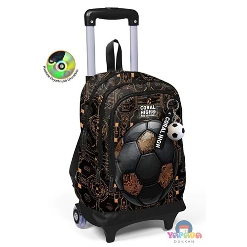 Coral High Kids 34017 Siyah-Gold Futbol Desenli Üç Bölmeli Işıklı Tekerlekli Çekçekli Okul Sırt Çantası