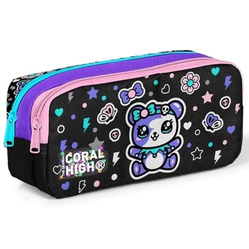 Coral High Kids Siyah Ayıcık Desenli İki Bölmeli Kalem Çantası 31042