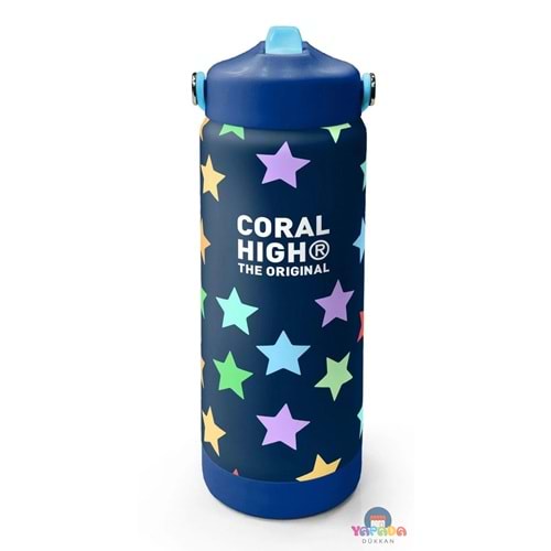 Coral High 38309 Lacivert Renkli Yıldız Desenli Katlanır Ağızlıklı Çelik Termos 650 ml