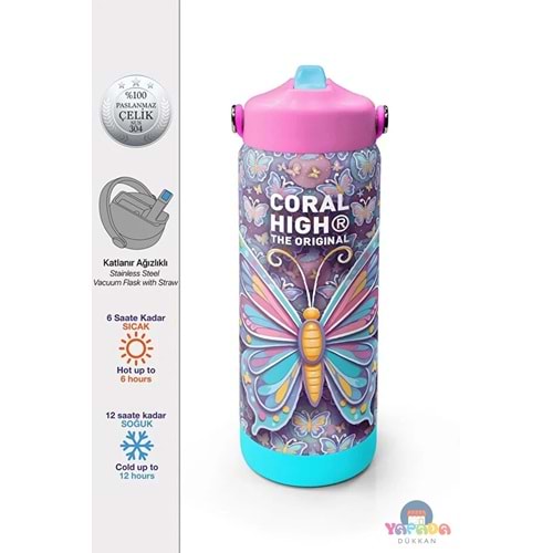 Coral High 38306 Pastel Kelebek Desenli Katlanır Ağızlıklı Çelik Termos 650 ml