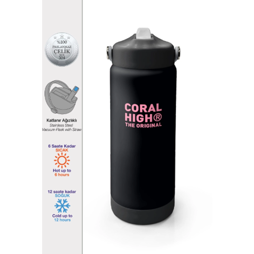 Coral High 38355 Siyah Pembe Desenli Katlanır Ağızlıklı Çelik Termos 650 ml