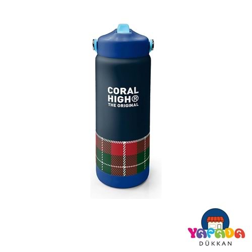Coral High 38307 Lacivert Ekose Fiyonk Desenli Katlanır Ağızlıklı Çelik Termos 650 ml