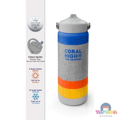 Coral High 38321 Gri Turuncu Çizgi Desenli Katlanır Ağızlıklı Çelik Termos 650 ml