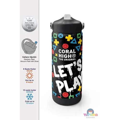 Coral High 38314 Siyah Let's Play Desenli Katlanır Ağızlıklı Çelik Termos 650 ml