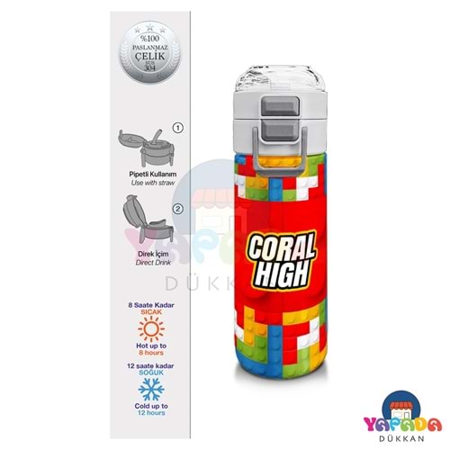 Coral High Kids 31991 500 ml Blok Desenli Pipetli ve Direkt İçim Çelik Termos