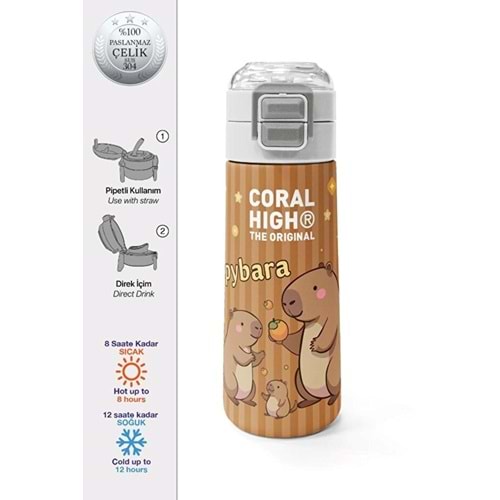 Coral High Kids 31790 500 ml Kahverengi Kapibara Desenli Pipetli ve Direkt İçim Çelik Termos