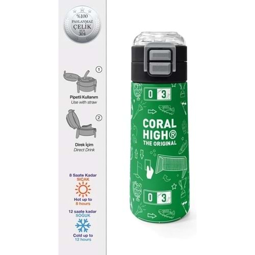 Coral High Kids 38129 Yeşil Futbol Desenli 500 ml Pipetli ve Direkt İçim Çelik Termos