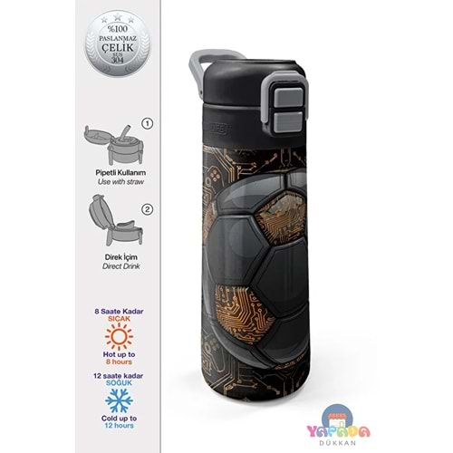 Coral High Kids 38117 Siyah Futbol Desenli 500 ml Pipetli ve Direkt İçim Çelik Termos
