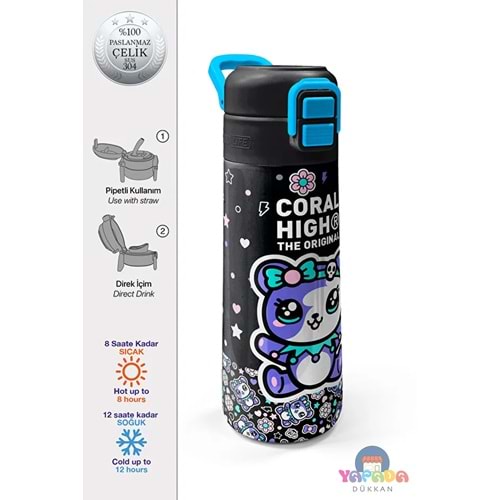 Coral High Kids 38124 Siyah-Mor Ayıcık Desenli 500 ml Pipetli ve Direkt İçim Vakumlu 304 Paslanmaz Çelik Termos