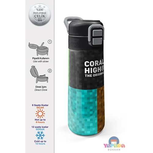 Coral High Kids 38116 Yeşil Nefti High Craft Desenli 500 ml Pipetli ve Direkt İçim Çelik Termos
