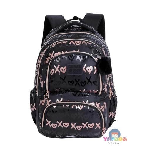 Coral High 24467 Siyah Desenli Dört Bölmeli Okul Sırt Çantası 44 x 18 x 48 cm