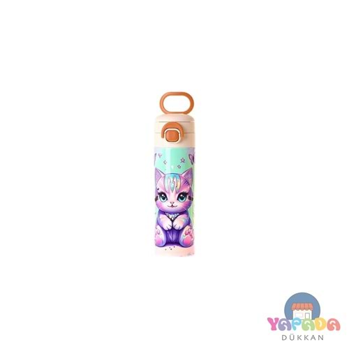 Kaukko Kids L5291 Meow Yeşil-Mor 520 ml SUS316 Paslanmaz Çelik Çift İçim Kilitli Termos Matara