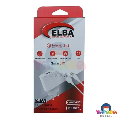 Elba ELB07-USB-25WIOS 25W Beyaz USB Şarj Adaptörü + 1 m USB to Lightning QC4.0 Hızlı Şarj Seti