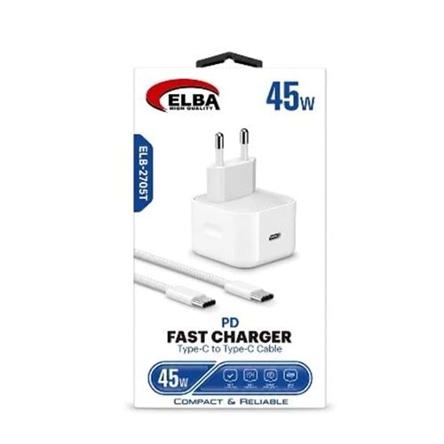 Elba ELB-2705T 45W Beyaz USB-C Hızlı Şarj Adaptörü + USB-C to USB-C Kablo iOS Seti