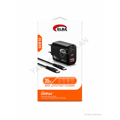 Elba ELB35 35W Siyah GaNFast USB-C Hızlı Şarj Adaptörü + USB-C to USB-C Kablo Seti
