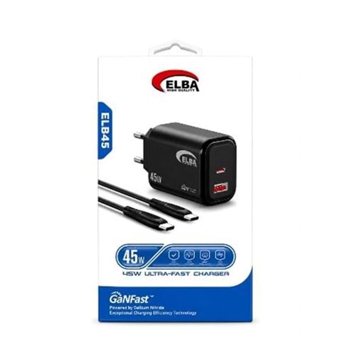 Elba ELB45 45W Siyah GaNFast USB-C Hızlı Şarj Adaptörü + USB-C to USB-C Kablo Seti