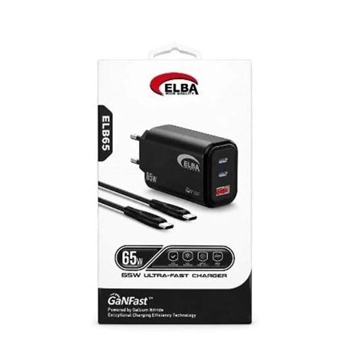Elba ELB65 65W Siyah GaNFast USB-C Hızlı Şarj Adaptörü + USB-C to USB-C Kablo Seti