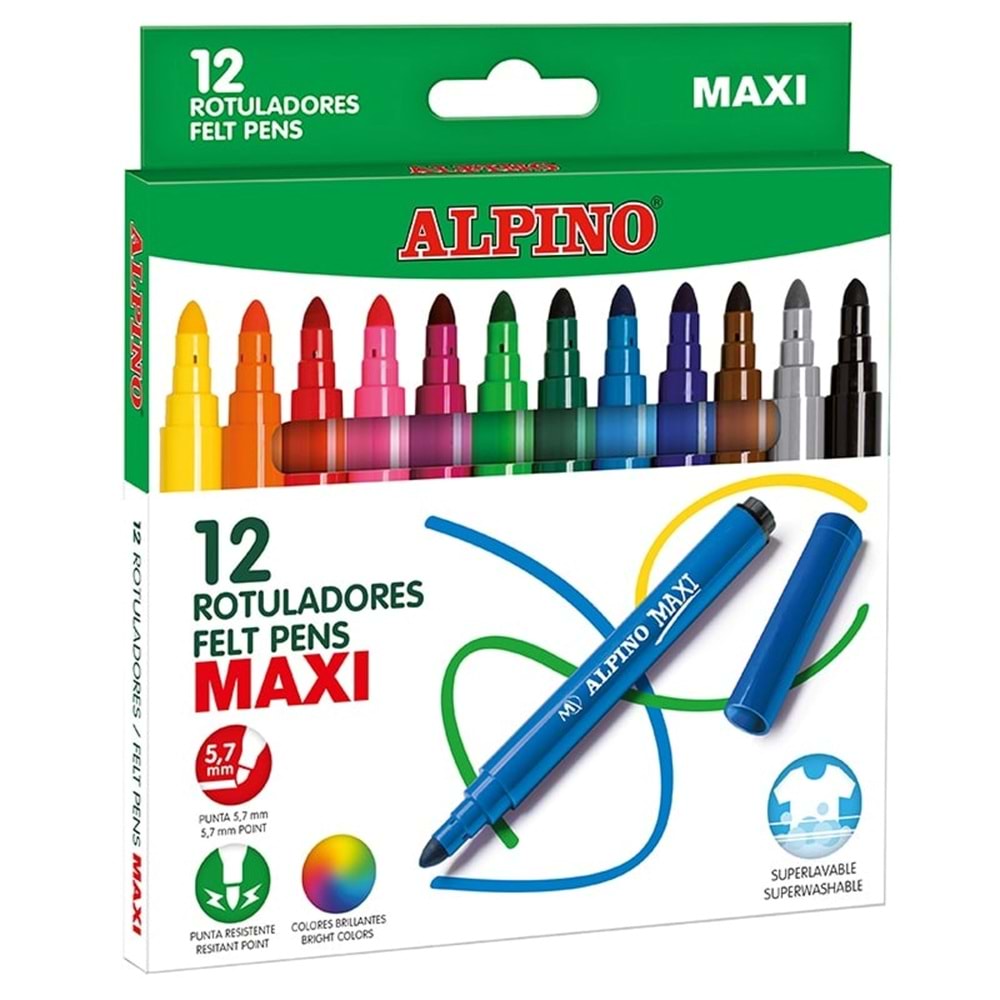 Alpino Maxi AR-06 5,7 mm Kalın Uçlu 12 Renk Keçeli Boya Kalemi Seti