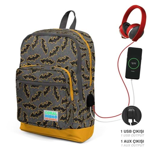Coral High Gri Hardal Yarasa Desenli Dört Bölmeli Okul Sırt Çantası Usb Soketli 23821