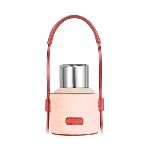 VagonLife Diller 460 Ml Moda Waffle Çizgili Deri Kılıflı Pipetli Taşıma Askılı Paslanmaz Çelik Termos Matara Pembe